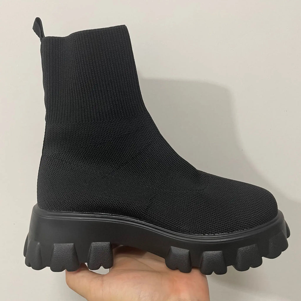 Damen-Sockenstiefel, einfache Damen-Stiefel mit mittlerer Wade, leichte, verschleißfeste Freizeitschuhe für Damen, Slip-on-Plateauschuhe, Botas