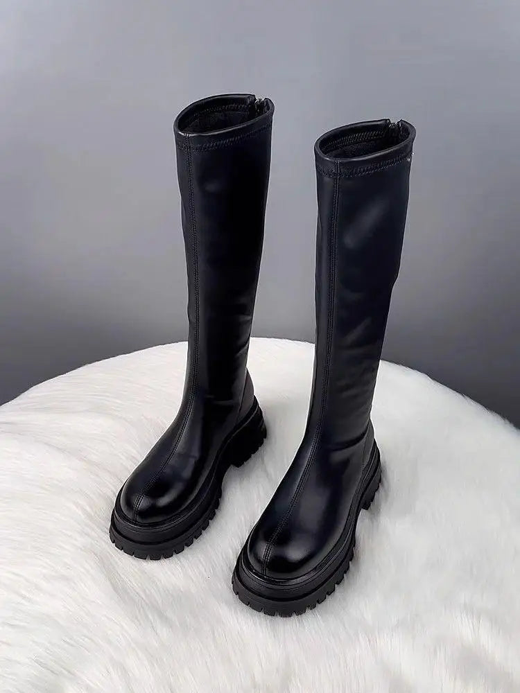 Damenschuhe 2024, Plattform, Herbst-Winter, langer Stiefel, kniehohe Damenstiefel, seitlicher Reißverschluss, bequemer quadratischer Absatz, schwarzer hoher Stiefel